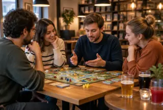 Quatre adultes découvrent un jeu de société autour d’une table dans un bar à jeux chaleureux à Rennes.