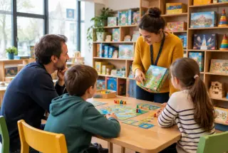 Un parent et deux enfants découvrent un jeu de société dans une ludothèque rennaise, accompagnés par une animatrice.