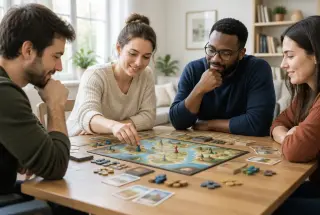 Quatre adultes discutent autour d’un jeu de société coopératif installé sur une table, avec cartes, pions et jetons.