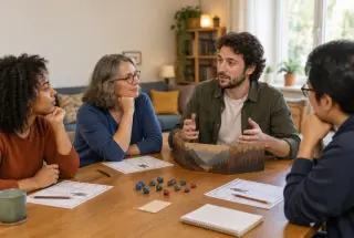 Quatre adultes découvrent le jeu de rôle autour d’une table avec des dés, des fiches de personnage et un carnet de notes.
